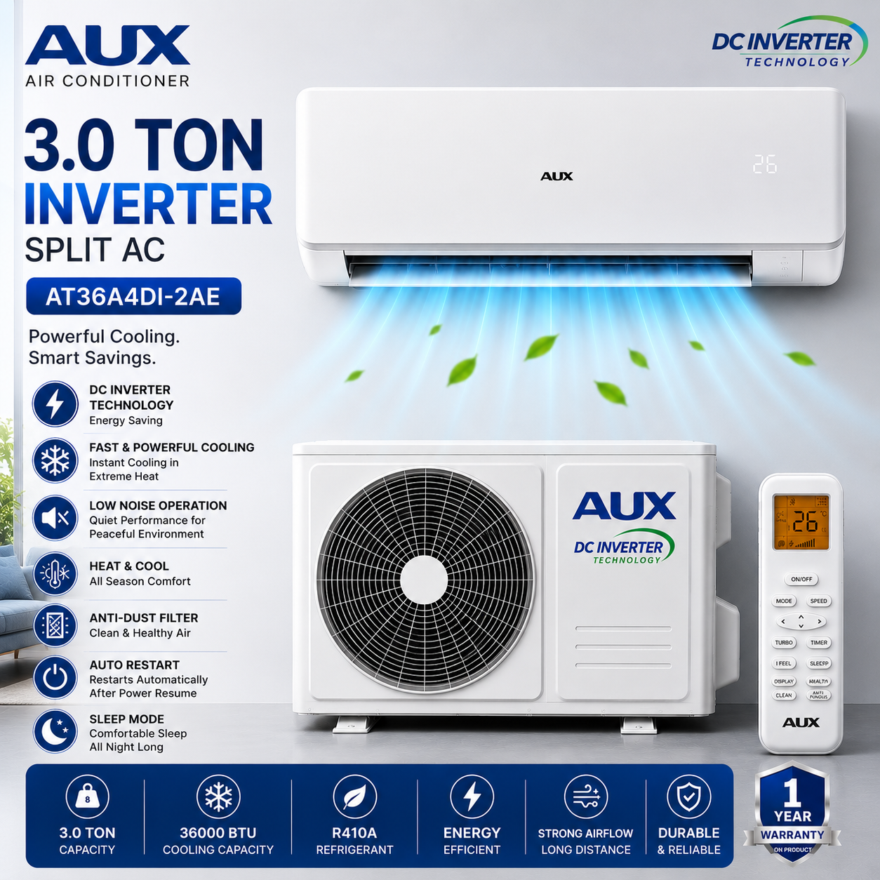 AUX Split AC 3.0 Ton Inverter AT36A4DI-2AE – Powerful Cooling, Energy Saving & Heat Cool Air Conditioner