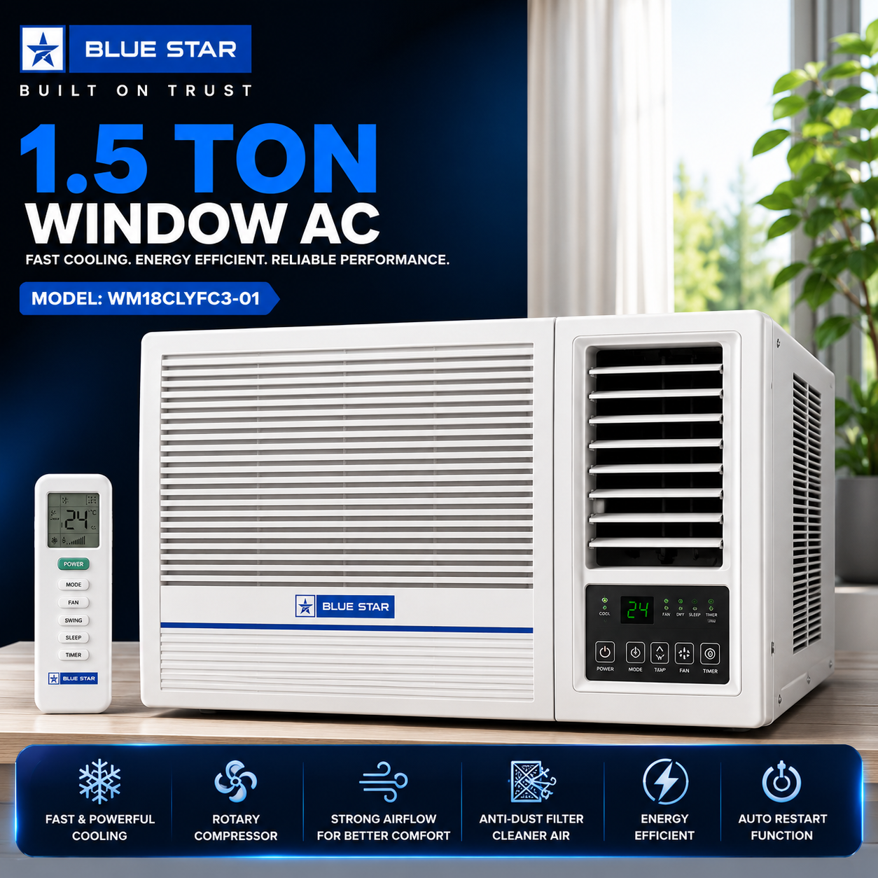 Blue Star Window AC 1.5 Ton Rotary WM18CLYFC3-01 – Fast Cooling & Energy Efficient Air Conditioner