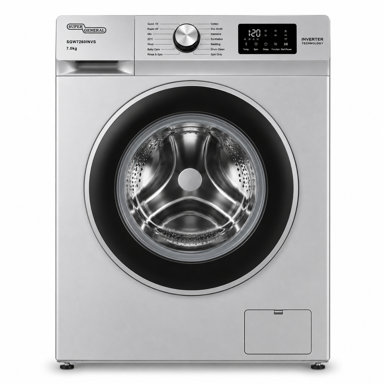 Super General SGW7260INVS Front Load Washing Machine 7KG Silver – Fully Automatic Inverter Washer