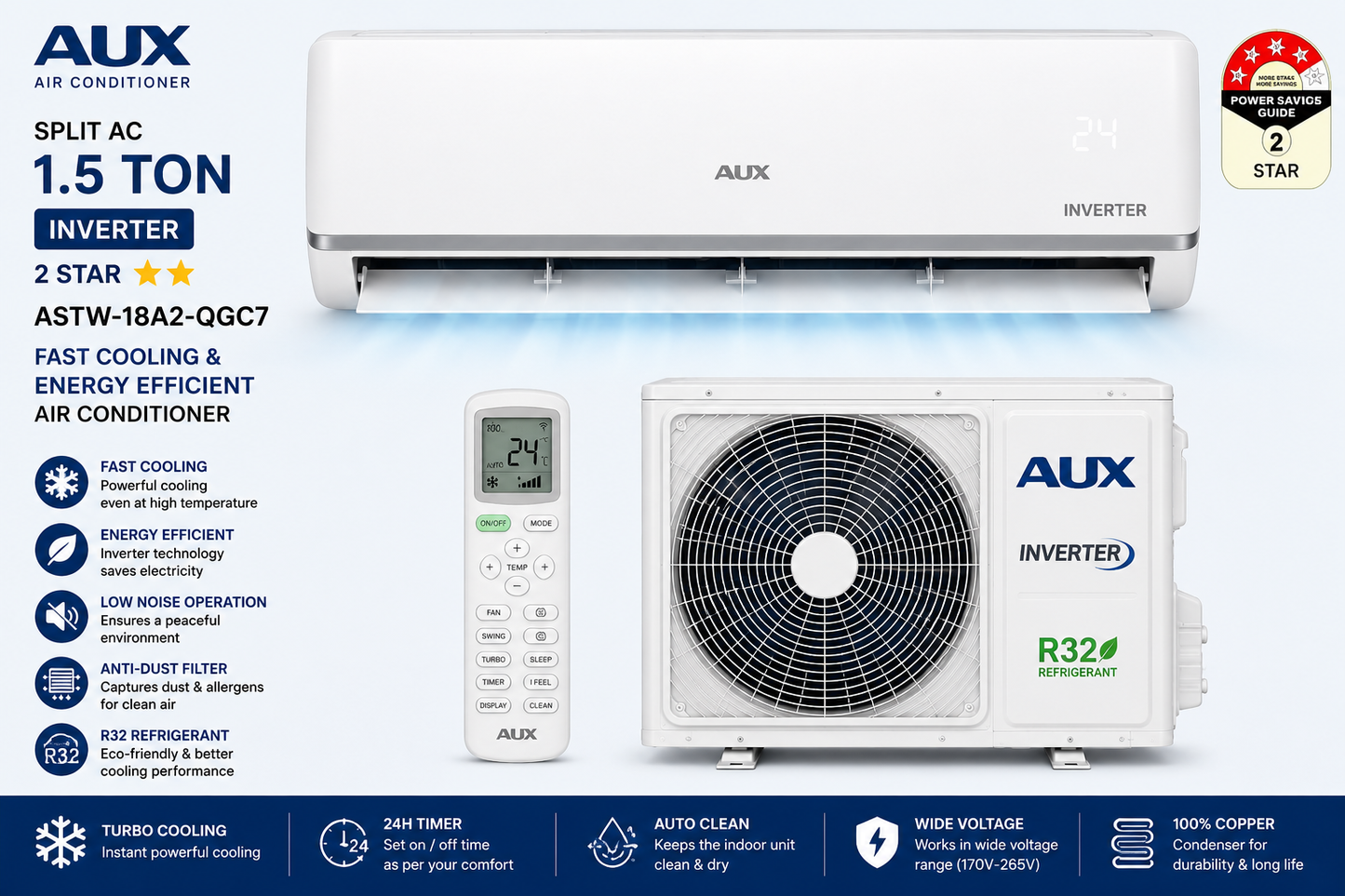 AUX Split AC 1.5 Ton Inverter 2 Star ASTW-18A2-QGC7 – Fast Cooling & Energy Efficient Air Conditioner