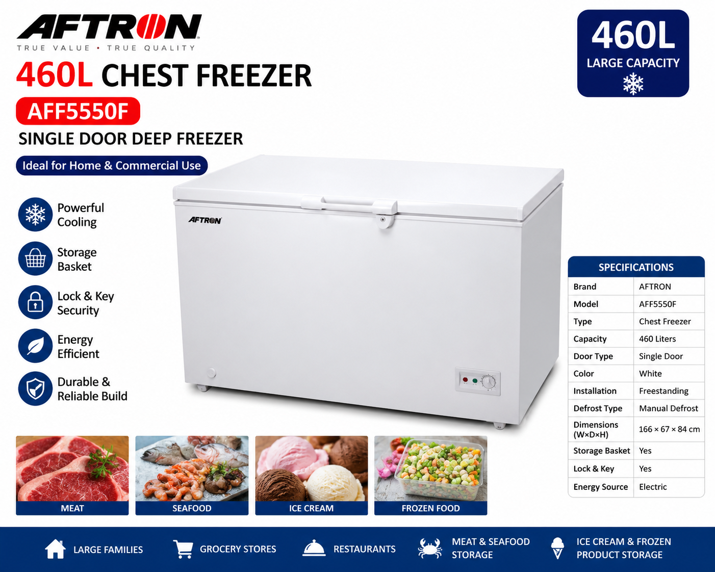 AFTRON 460L Chest Freezer White – AFF5550F | Single Door Deep Freezer for Home & Commercial Use