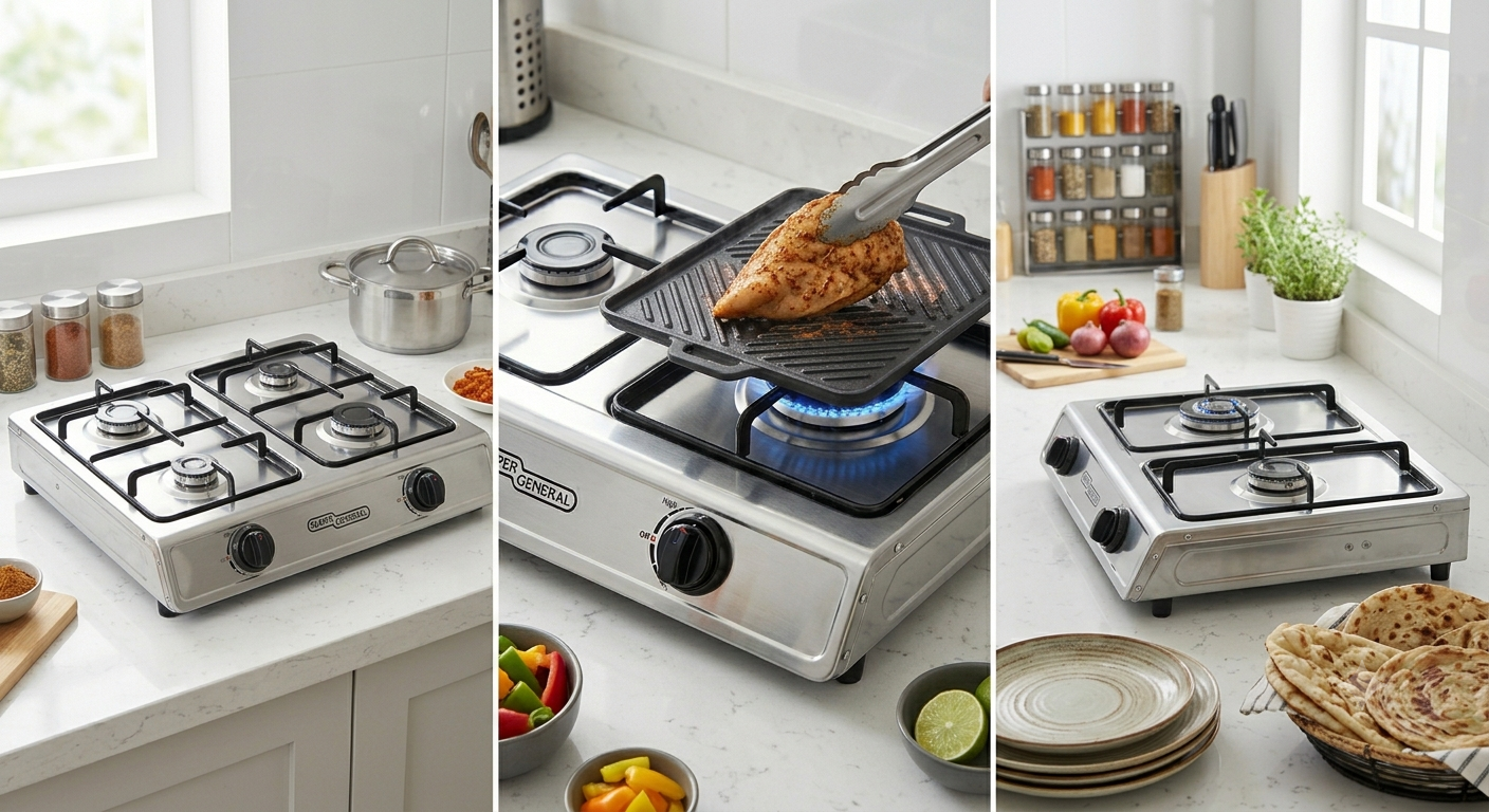 SUPER GENERAL 3 Burner Gas Stove SGB03SS – Stainless Steel Table Top Cooker
