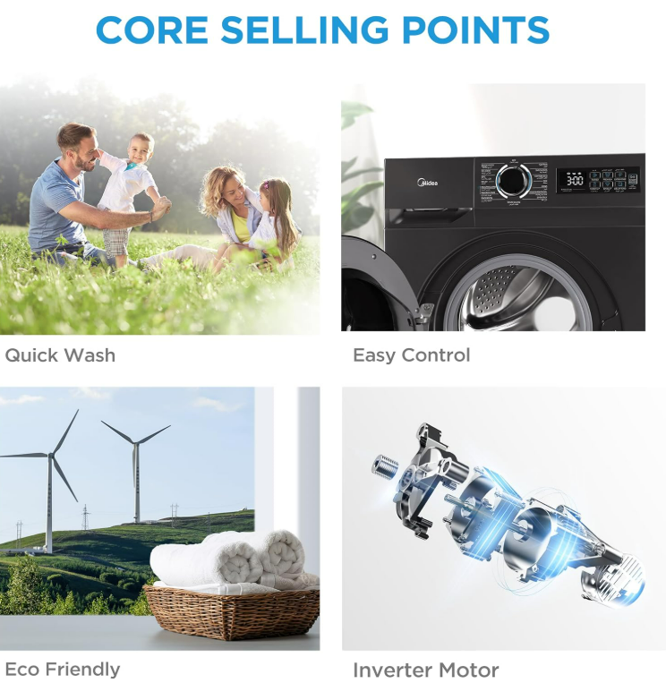 Midea 8kg Front Load Washing Machine MF110W80B/T-GCC | 1400 RPM | BLDC Inverter | Steam Sanitization | UAE