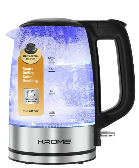 KROME Glass Body Electric Kettle 1.7L KR-KTG110PD – Fast Boil Electric Kettle with STRIX Control & Auto Shut-Off