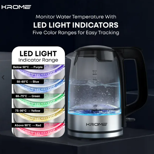 KROME Glass Body Electric Kettle 1.7L KR-KTG110PD – Fast Boil Electric Kettle with STRIX Control & Auto Shut-Off