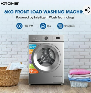 Krome KR-WFL60TSI1 6KG Front Load Fully Automatic Washing Machine – 1000 RPM BLDC Inverter Motor | Silver