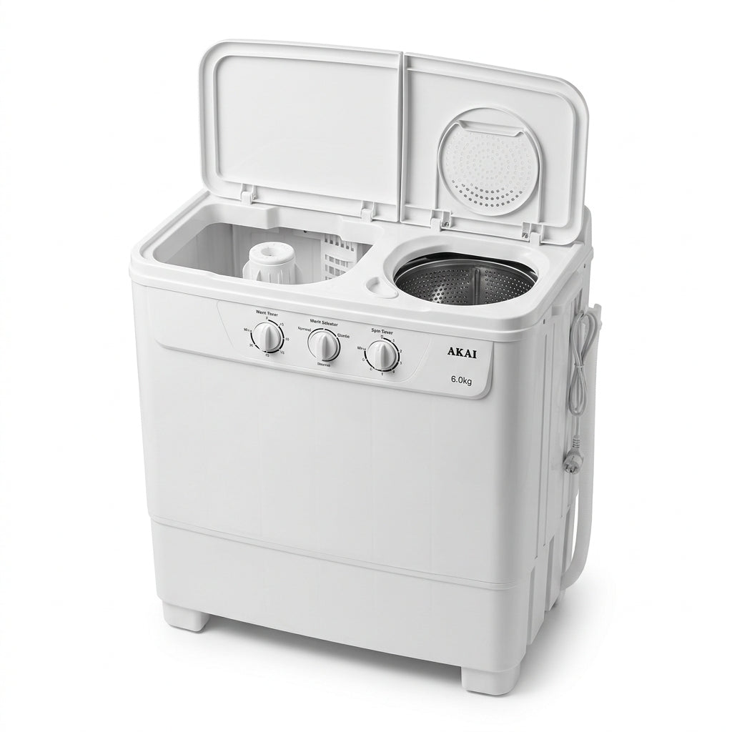AKAI Twin Tub Washing Machine 6KG WMMA-XTT62W – Semi Automatic | Twin Tub Design | Spin Dryer | Compact Laundry Solution | White