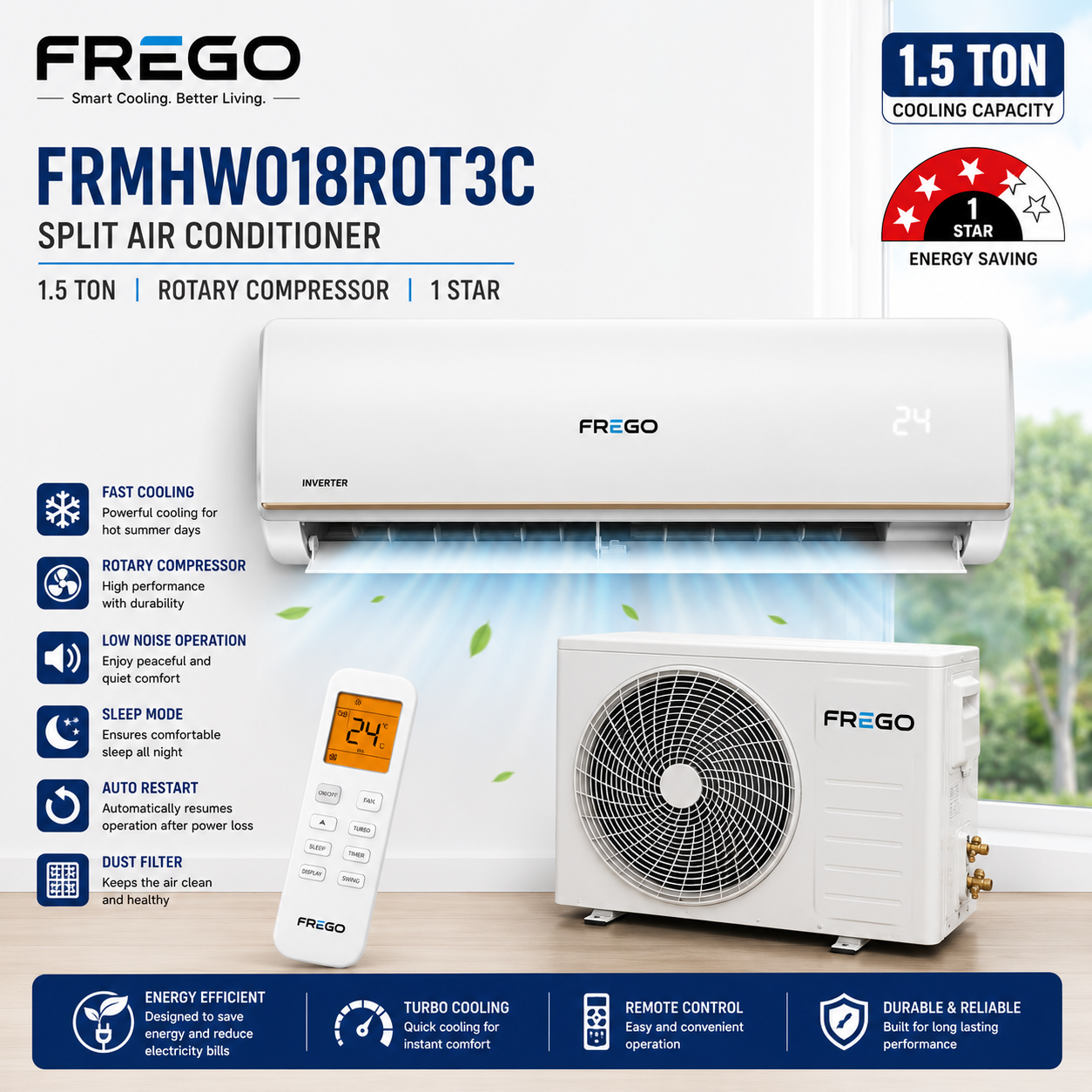 Frego FRMHW018ROT3C 1.5 Ton Split Air Conditioner | Rotary Compressor | 1 Star Energy Rating | Powerful Cooling | Heat & Cool AC