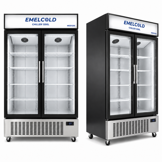 EMELCOLD MED12SS 1200L Double Door Commercial Display Chiller – Glass Door Showcase Refrigerator
