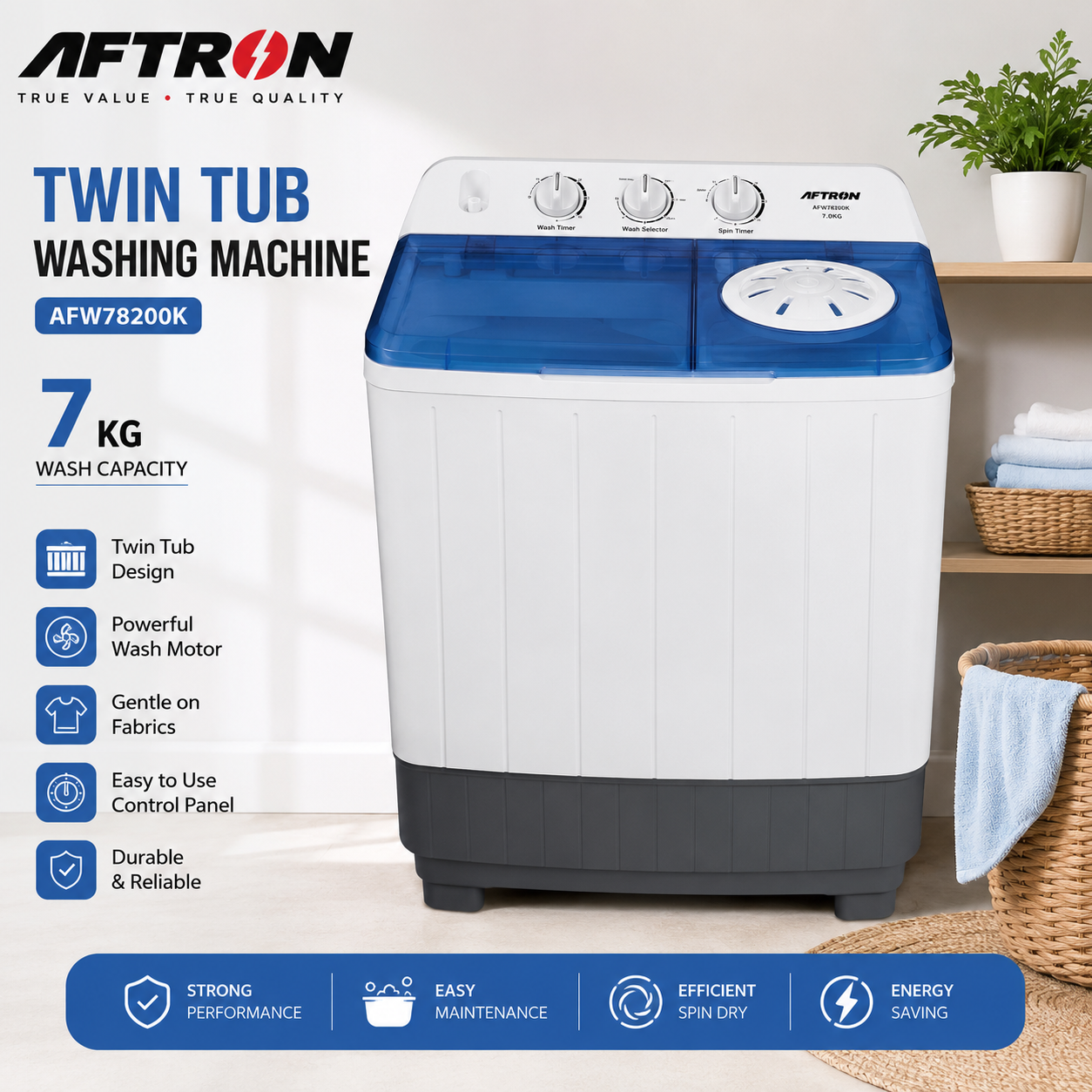 AFTRON Twin Tub Washing Machine 7KG AFW78200K – Semi Automatic | Twin Tub Design | Air Dry Function | Compact Family Size | White