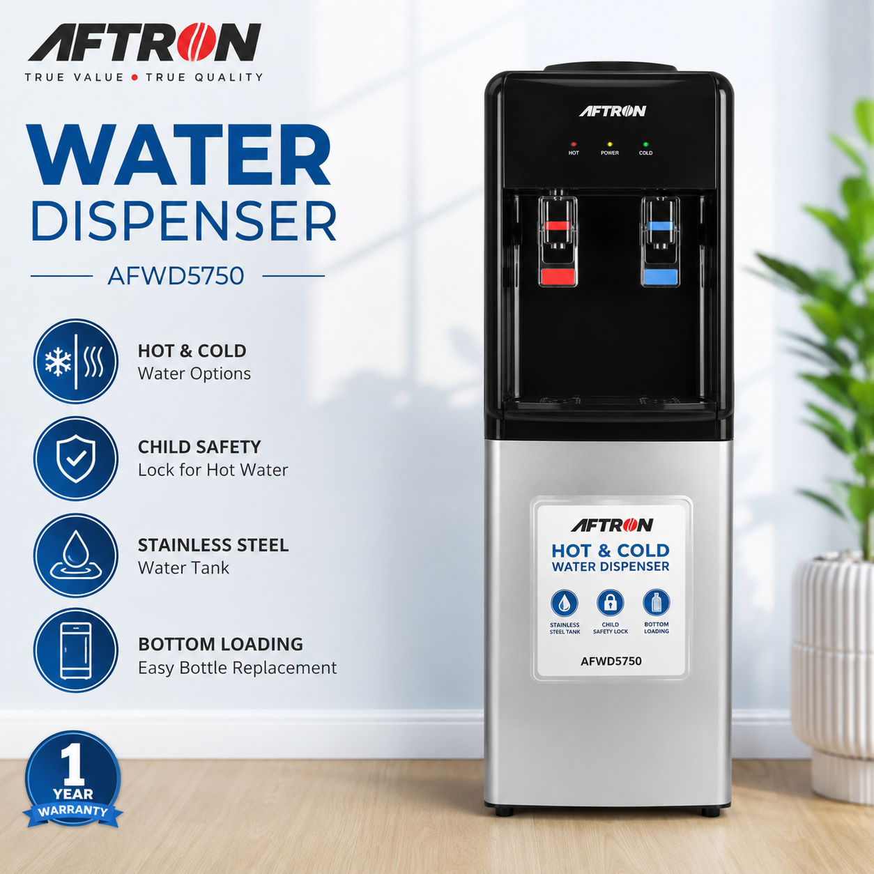 AFTRON AFWD5750 Floor Standing Hot & Cold Water Dispenser – Fast Cooling Compressor, Low Noise Design, White
