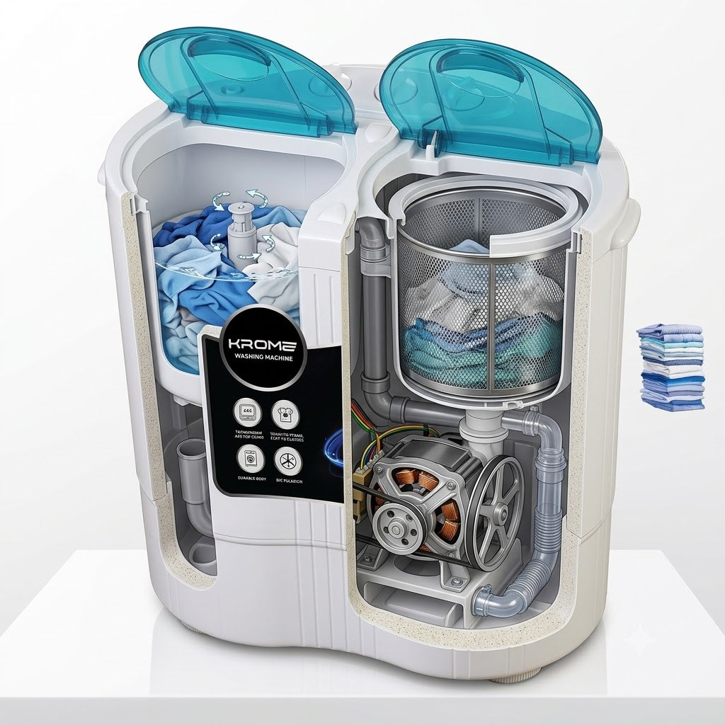 Krome KR-WMTT250W 2.5KG Twin Tub Semi-Automatic Washing Machine – Compact Mini Washer with 2KG Spin Dryer