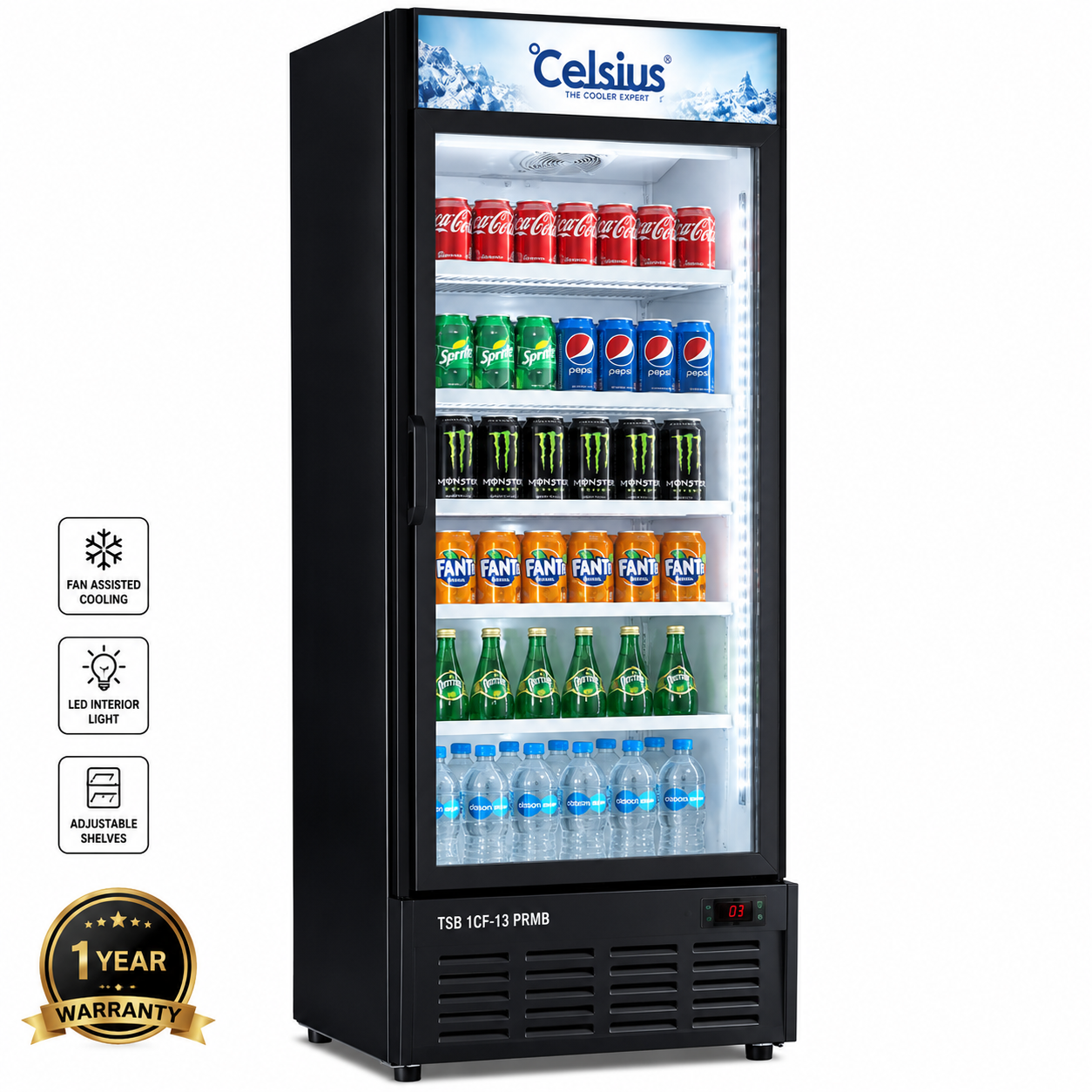 Celsius TSB 1CF-13 PRMB Single Door Full Glass Black Chiller Commercial Display Refrigerator