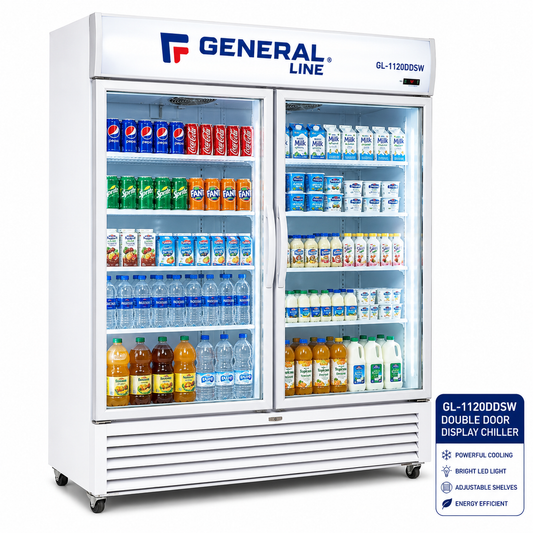 General Line GL-1120DDSW Glass Door Chiller – 1120L Double Door Commercial Display Refrigerator