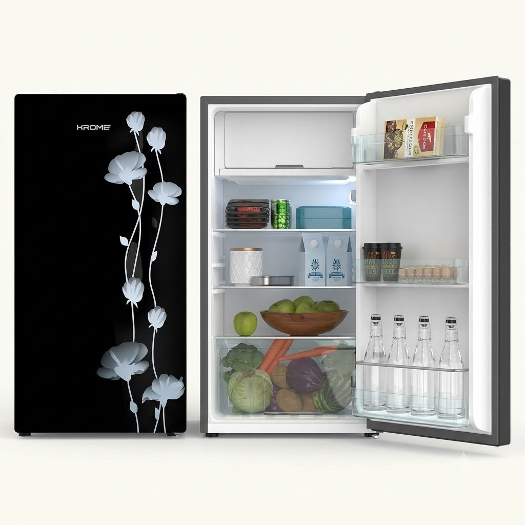KROME Refrigerator KR-RF141GG – 90L Net Capacity Glass Door Refrigerator | Direct Cool | Elegant Black Floral Design