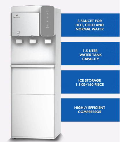 Gratus ice maker with Water Dispenser Hot, cool & Cold 3 Tap (White), 1 Year Full & 2 Year Compressor Warranty, Model -GWID1100ACR1DX