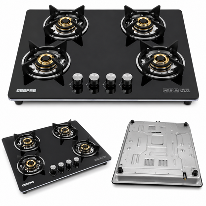 GEEPAS GGC31036 4 Burner Built-In Gas & Electric Hob | Stainless Steel | Auto Ignition | Ceramic Hot Plate