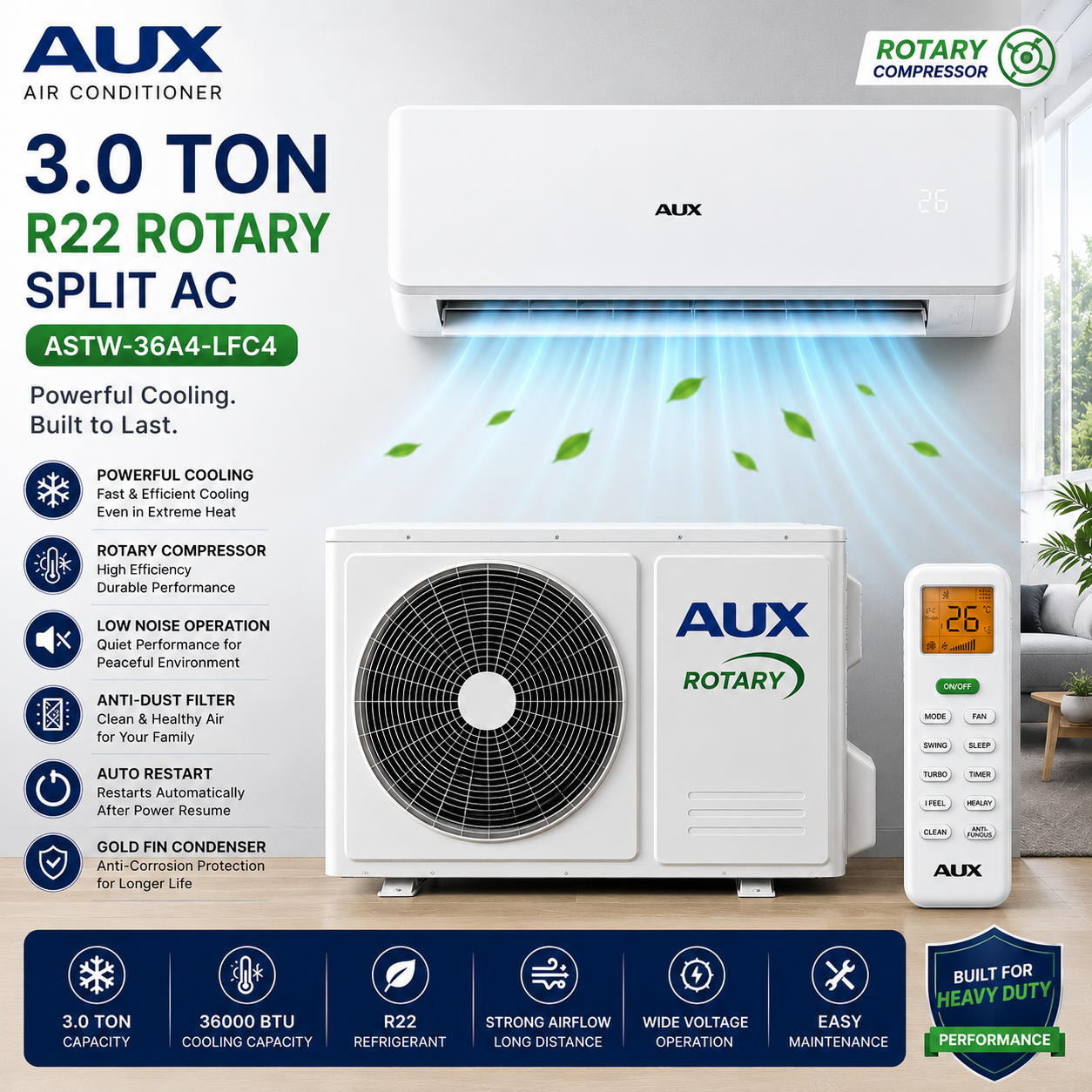 AUX Split AC 3.0 Ton R22 Rotary Compressor ASTW-36A4-LFC4 – Heavy Duty Cooling Air Conditioner