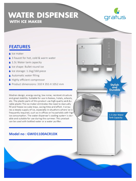 Gratus ice maker with Water Dispenser Hot, cool & Cold 3 Tap (White), 1 Year Full & 2 Year Compressor Warranty, Model -GWID1100ACR1DX