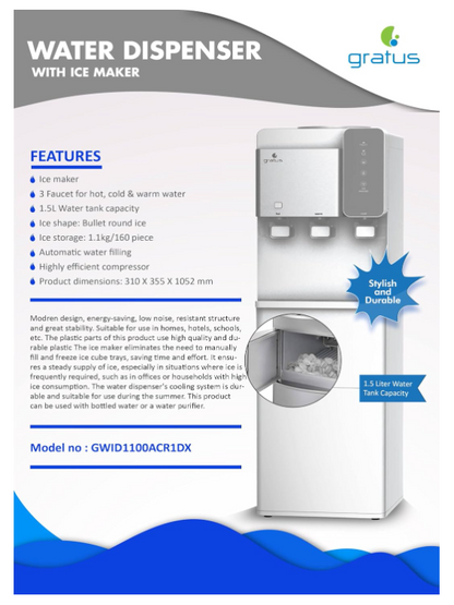 Gratus ice maker with Water Dispenser Hot, cool & Cold 3 Tap (White), 1 Year Full & 2 Year Compressor Warranty, Model -GWID1100ACR1DX