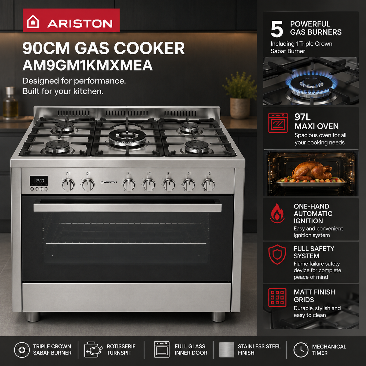 Ariston AM9GM1KMXMEA 90CM Freestanding Gas Cooker – 5 Burners, Triple Crown Sabaf Burner, 97L Maxi Oven, Matt Finish Grids