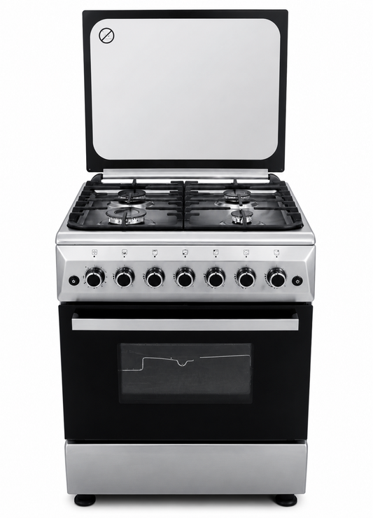 GRATUS 60x60 Full Gas Cooker FCR604KTSS1 | 4 Burner Free Standing Gas Range with Turbo Fan, Cast Iron & 64L Gas Oven
