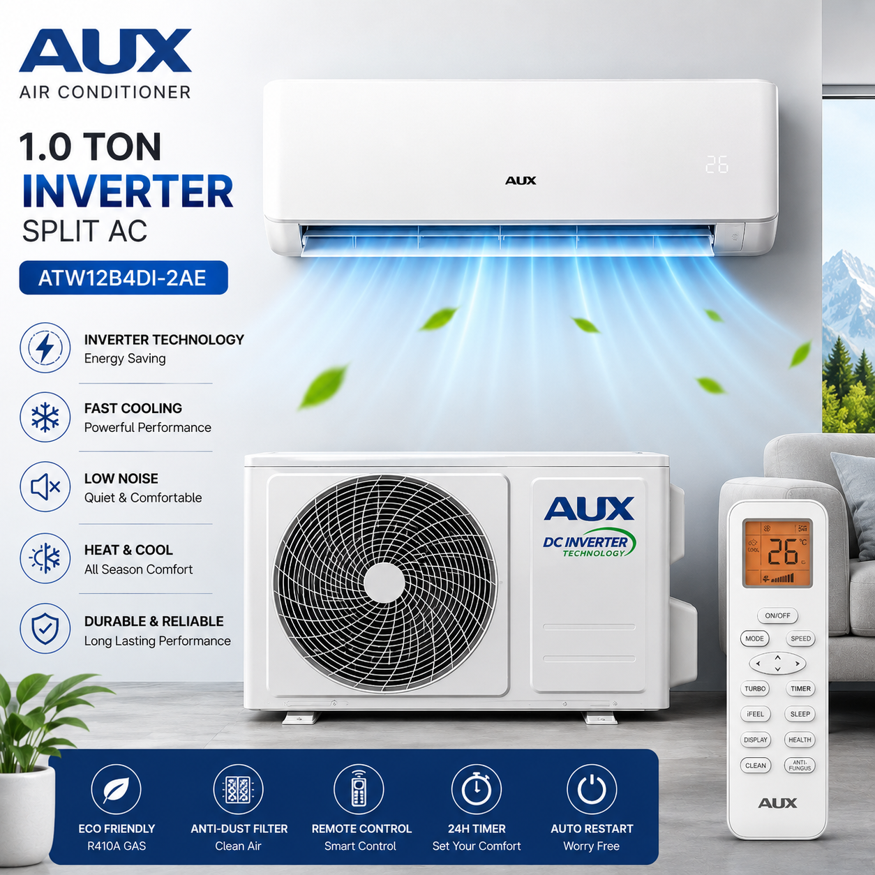 AUX Split AC 1.0 Ton Inverter ATW12B4DI-2AE – Fast Cooling, Energy Saving & Heat Cool Technology