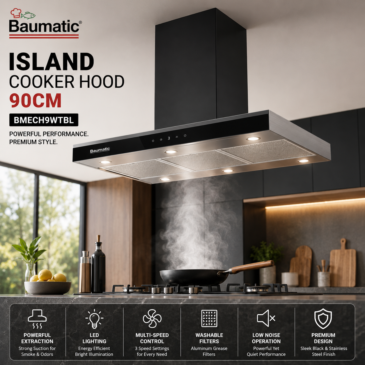 Baumatic Island Cooker Hood 90cm BMECH9WTBL – Premium Ceiling Mounted Kitchen Chimney Hood