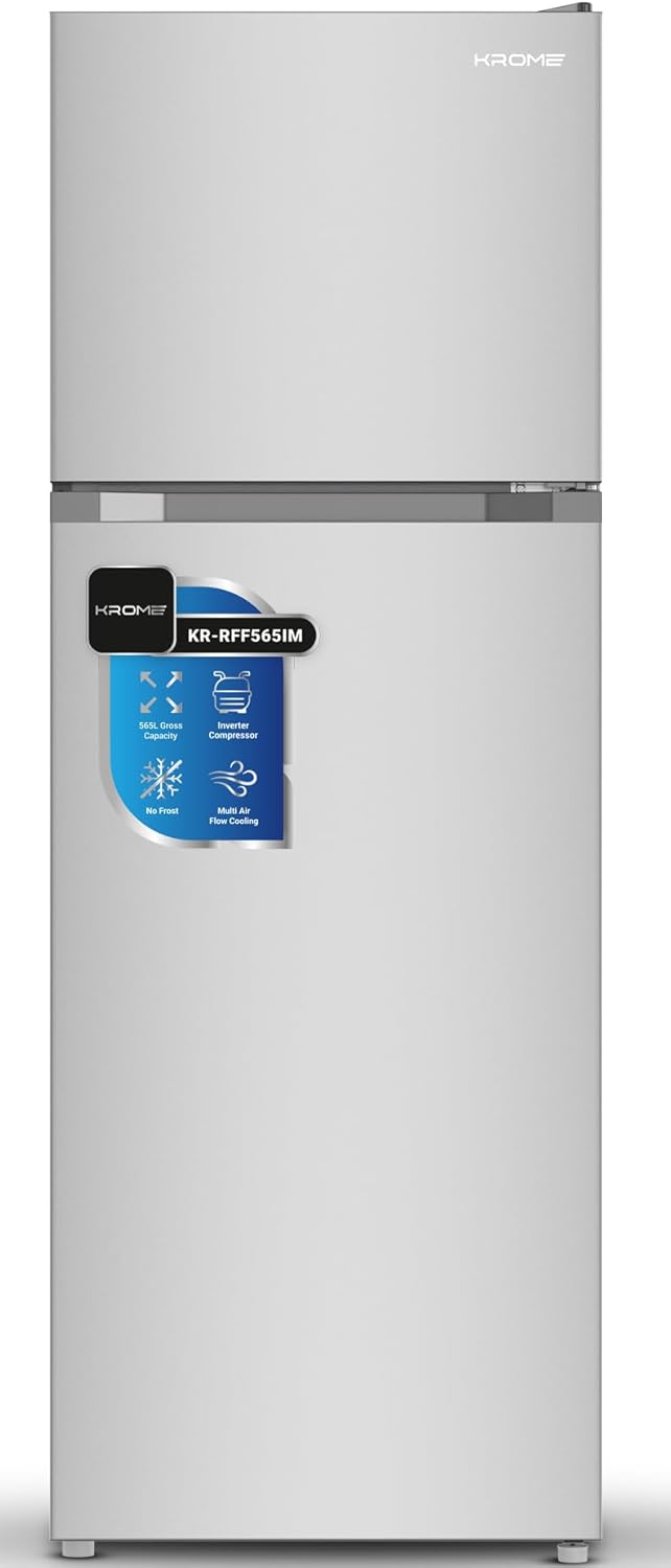 KROME Double Door Refrigerator KR-RFF565IM – 565L No Frost | Smart Inverter Compressor | Top Mount | Inox Silver