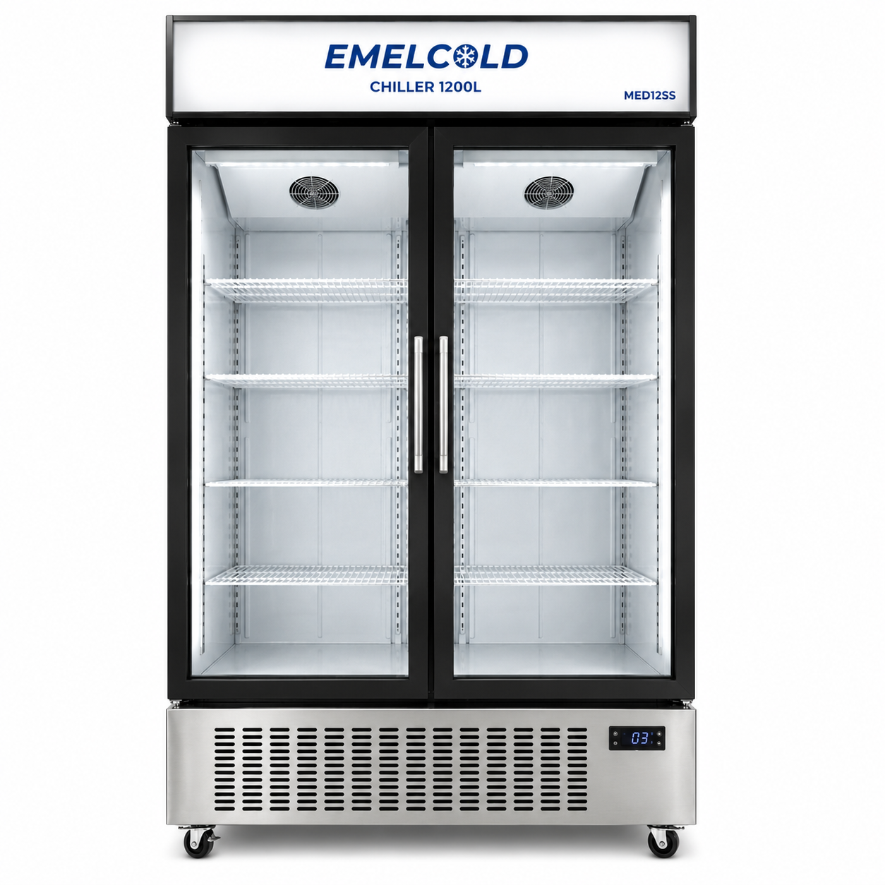 EMELCOLD MED12SS 1200L Double Door Commercial Display Chiller – Glass Door Showcase Refrigerator