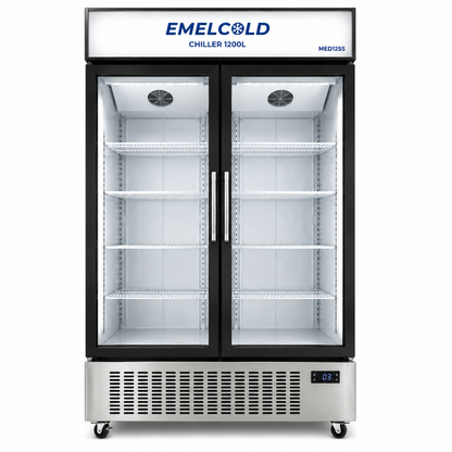 EMELCOLD MED12SS 1200L Double Door Commercial Display Chiller – Glass Door Showcase Refrigerator