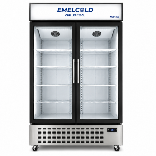 EMELCOLD MED12SS 1200L Double Door Commercial Display Chiller – Glass Door Showcase Refrigerator