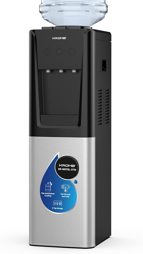 Krome KR-WDTBL3TW Top & Bottom Loading Water Dispenser – Hot, Cold & Normal Water | Compressor Cooling | Silver & Black
