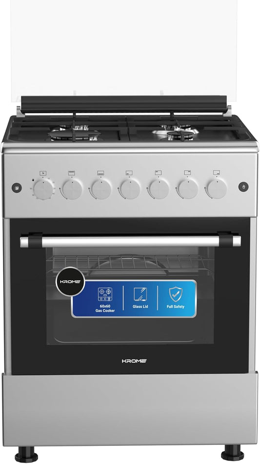 KROME Gas Cooker 60×60 Full Gas KR-CR6061FE – 4 Burner Freestanding Gas Cooking Range with Turbo Fan & Flame Failure Safety