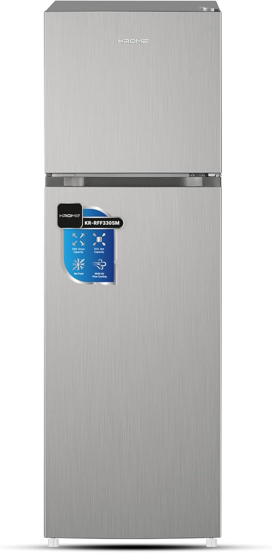KROME Double Door Refrigerator 330L KR-RFF330SM – No Frost | Inverter Compressor | Top Mount | Silver
