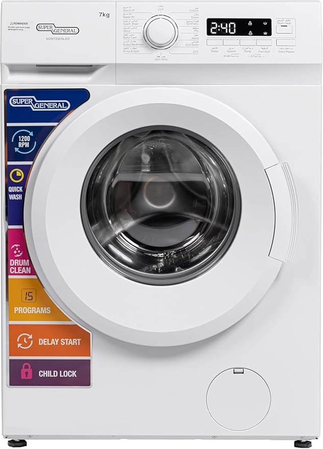 Super General SGW7250NLED Front Load Washing Machine 7KG White – Fully Automatic Washer with Built-in Heater