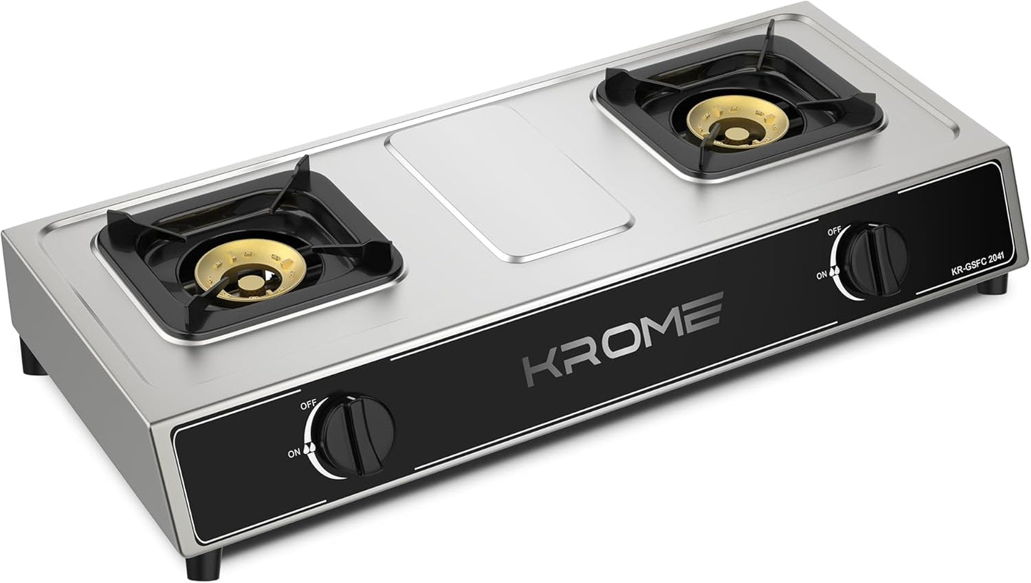 KROME Gas 2 Burner Table Top KR-GSFC2041 – Stainless Steel LPG Gas Stove with Auto Ignition & Flame Failure Device