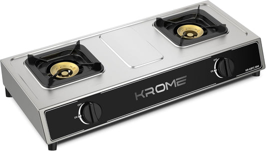 KROME Gas 2 Burner Table Top KR-GSFC2041 – Stainless Steel LPG Gas Stove with Auto Ignition & Flame Failure Device