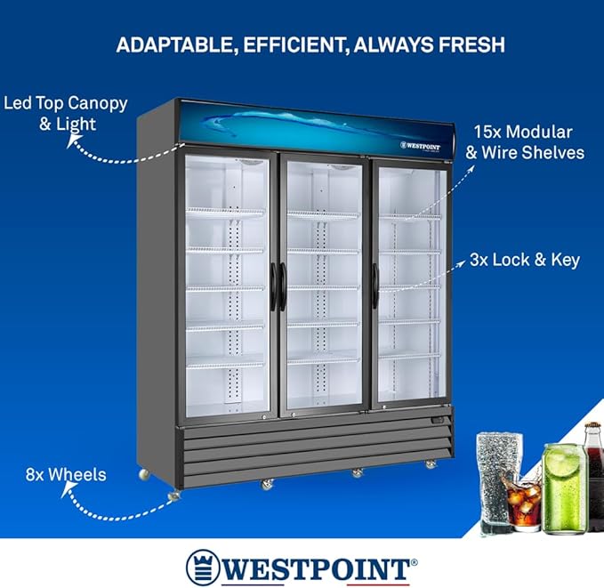 Westpoint WPSN-18017RT3 Upright 3 Door Chiller 1650L – Commercial Display Refrigerator with No Frost Cooling