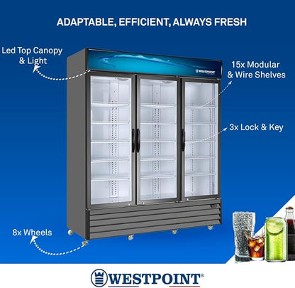 Westpoint WPSN-18017RT3 Upright 3 Door Chiller 1650L – Commercial Display Refrigerator with No Frost Cooling