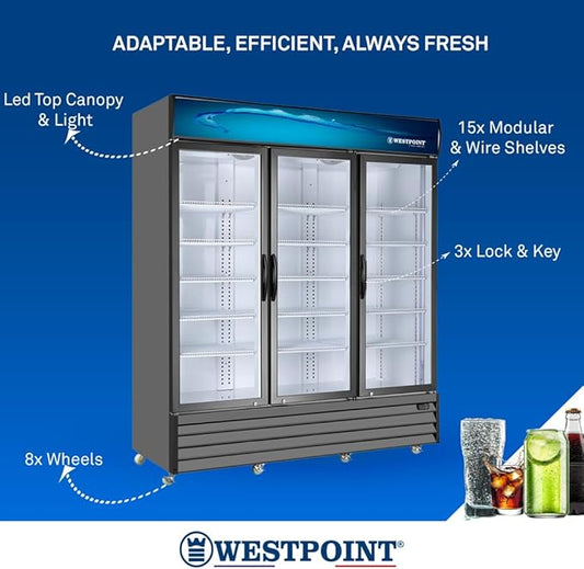 Westpoint WPSN-18017RT3 Upright 3 Door Chiller 1650L – Commercial Display Refrigerator with No Frost Cooling
