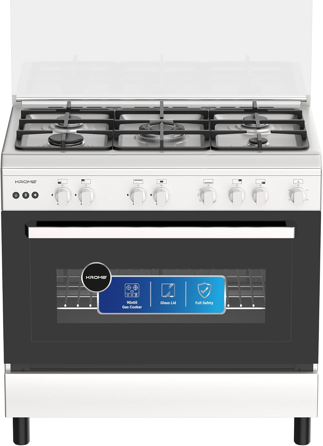 KROME Gas Cooker 90×60 KR-CR9060G – 5 Burner Freestanding Gas Cooking Range with Auto Ignition & Flame Failure Safety