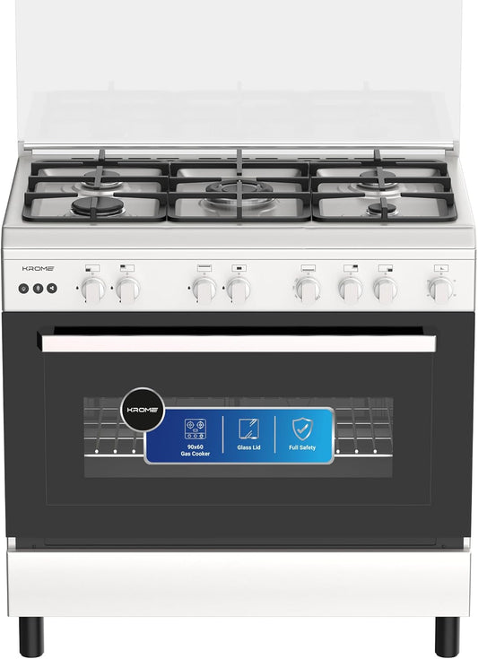 KROME Gas Cooker 90×60 KR-CR9060G – 5 Burner Freestanding Gas Cooking Range with Auto Ignition & Flame Failure Safety