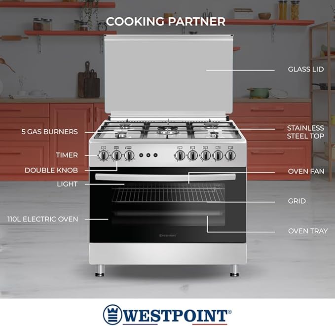 Westpoint WCE-9060HDFS 90x60cm 5 Burner Gas Cooker | Gas Oven & Grill | Full Safety | Stainless Steel