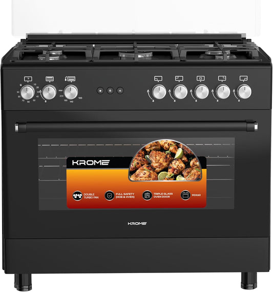 KROME Gas Cooker 90×60 KR-CR9062FEB – 5 Burner Freestanding Gas Cooking Range with Turbo Fan & Rotisserie | Full Safety