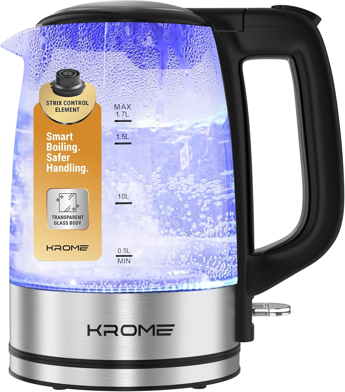 KROME Glass Body Electric Kettle 1.7L KR-KTG110PD – Fast Boil Electric Kettle with STRIX Control & Auto Shut-Off