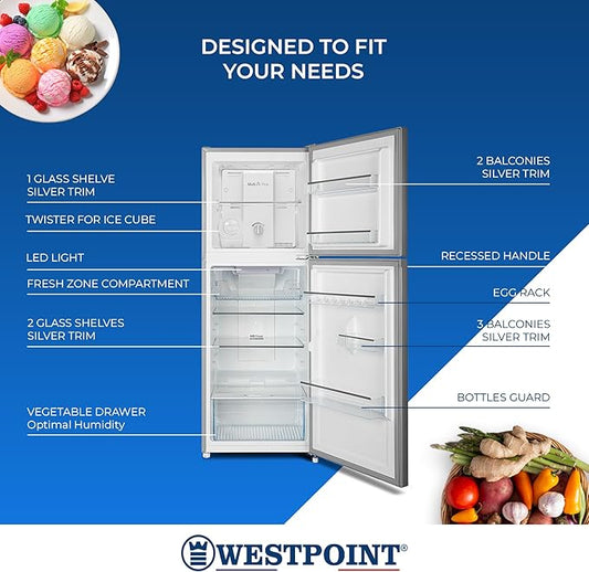 Westpoint WNN-3023ERI 300L No Frost Double Door Refrigerator | Top Mount | Stainless Steel Finish