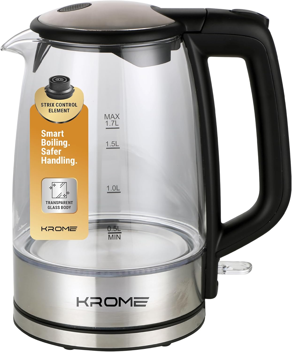 KROME Glass Body Electric Kettle 1.7L KR-KTG110PD – Fast Boil Electric Kettle with STRIX Control & Auto Shut-Off