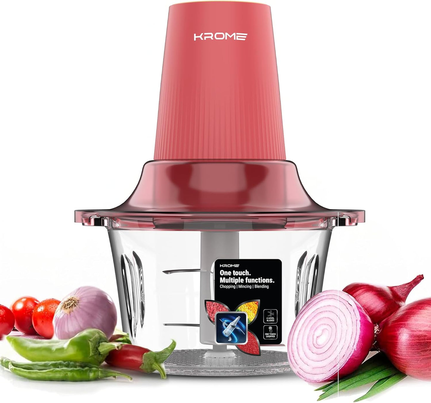KROME Chopper Glass 2L Twin Blade KR-CH202B – 300W One-Touch Food Chopper with 2L Glass Bowl & 4 Stainless Steel Blades