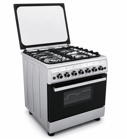 GRATUS 60x60 Full Gas Cooker FCR604KTSS1 | 4 Burner Free Standing Gas Range with Turbo Fan, Cast Iron & 64L Gas Oven